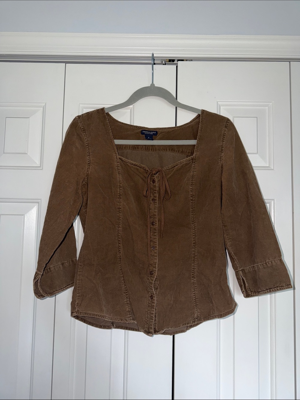 American Eagle Brown Corduroy Button-Front Tie-Neck Blouse